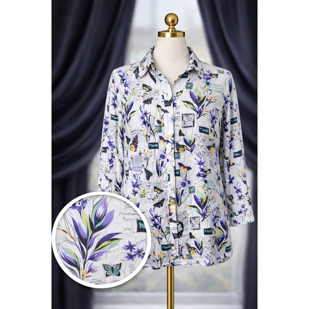 Chicos Linen Blend Button Front Top Blouse Size 1‎ Small White Purple Butterfly